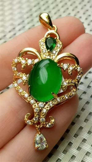 10% OFF- Certified Natural Jadeite Emerald A*Jade Handcrafted Oval Pendant-GP 925 Sterling Silver Necklace with Gift Box