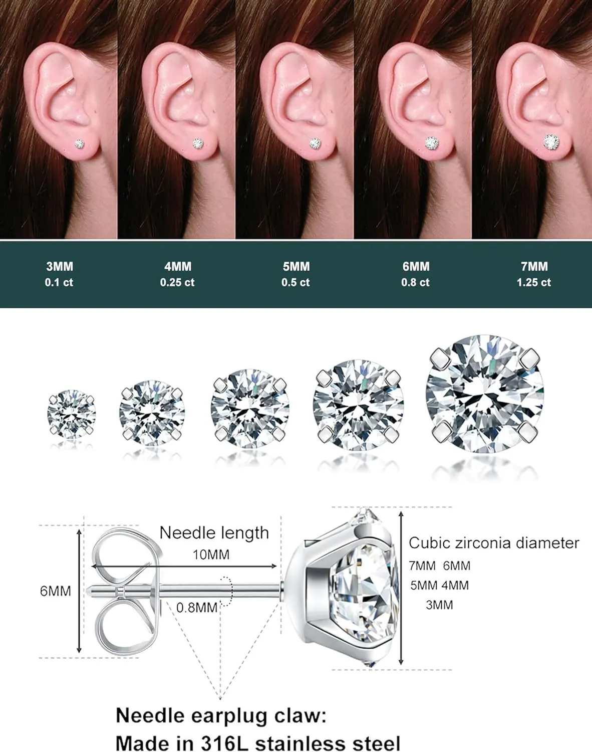 5 Pairs Stud Earrings Set, Hypoallergenic Cubic Zirconia 316L Earrings Stainless Steel CZ Earrings 3-8mm (Steel color)