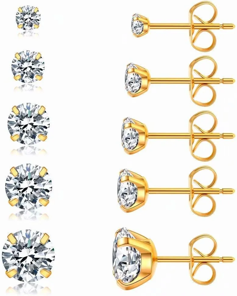 5 Pairs Stud Earrings Set, Hypoallergenic Cubic Zirconia 316L Earrings Stainless Steel CZ Earrings 3-8mm (Steel color)