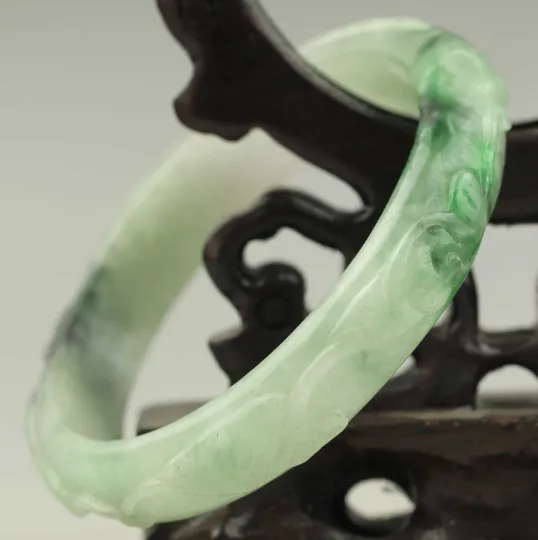 52-54mm Certified Natural Jadeite Emerald Jade Dragon Ruyi Flower Bracelet Bangle NO.C187 with Gift Box