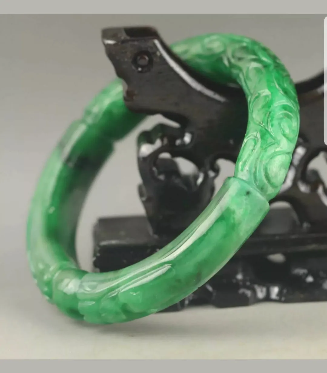 57/58/59mm Certified Natural Green Jadeite Emerald A Jade HandCarved Dragon Round Bracelet Bangle A-90