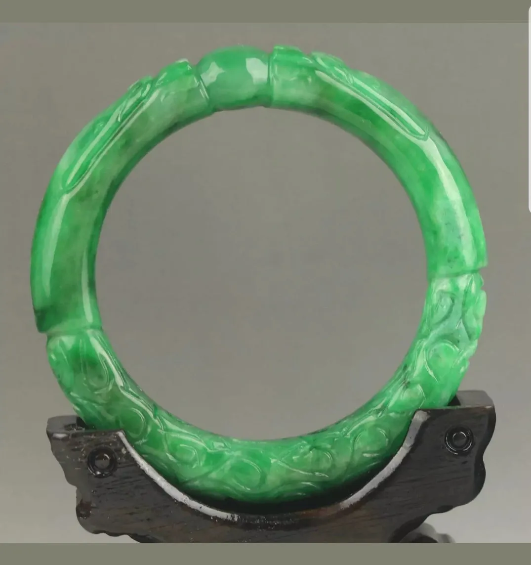 57/58/59mm Certified Natural Green Jadeite Emerald A Jade HandCarved Dragon Round Bracelet Bangle A-90