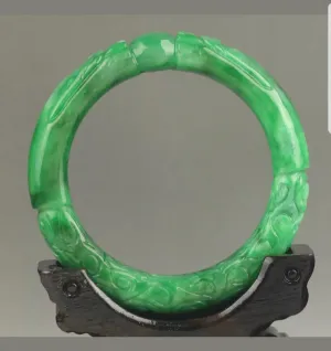57/58/59mm Certified Natural Green Jadeite Emerald A Jade HandCarved Dragon Round Bracelet Bangle A-90