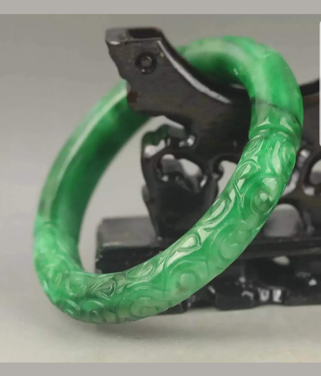 57/58/59mm Certified Natural Green Jadeite Emerald A Jade HandCarved Dragon Round Bracelet Bangle A-90