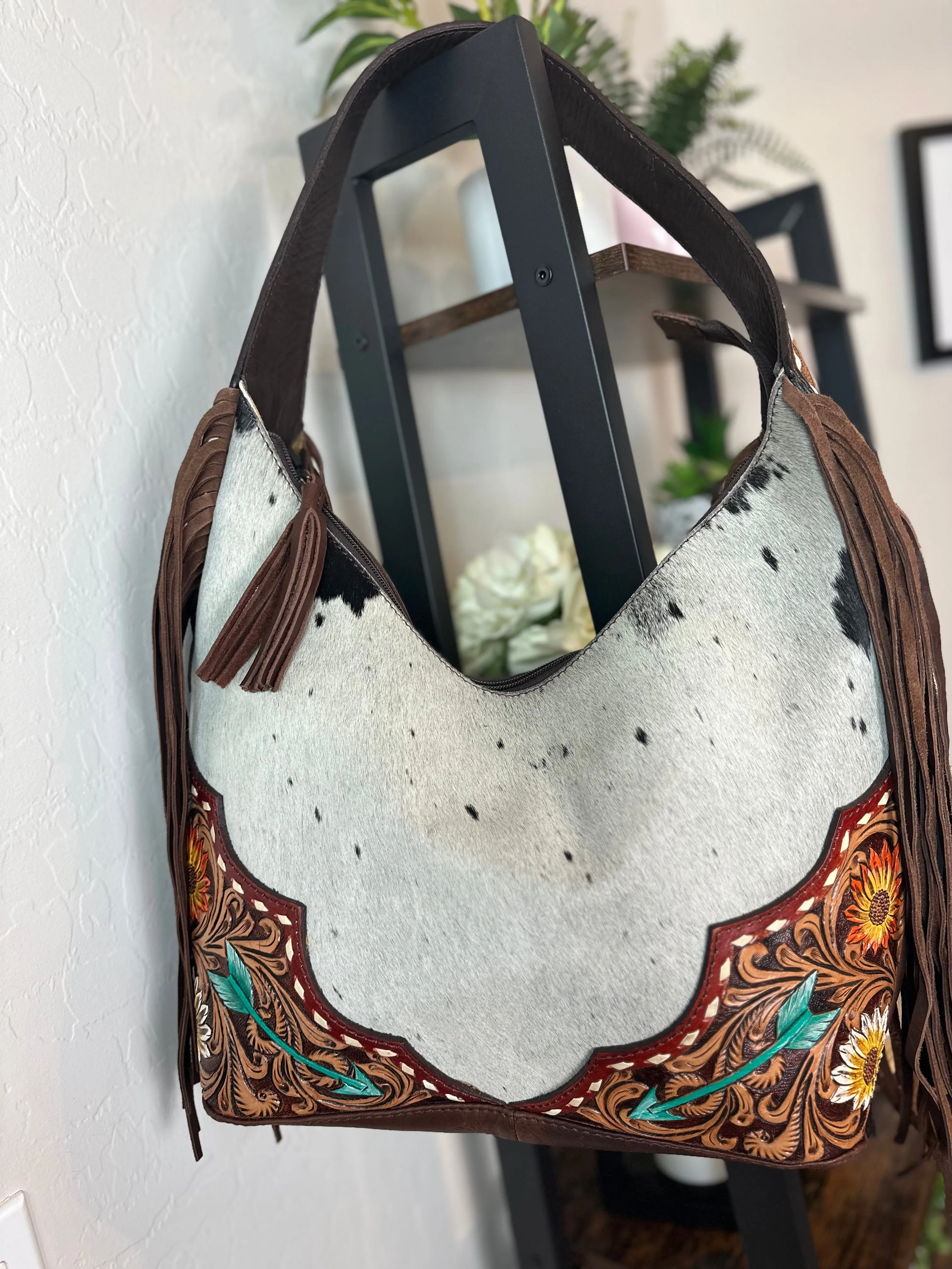 Arrow Leather Tooled Cowhide Hobo Purse