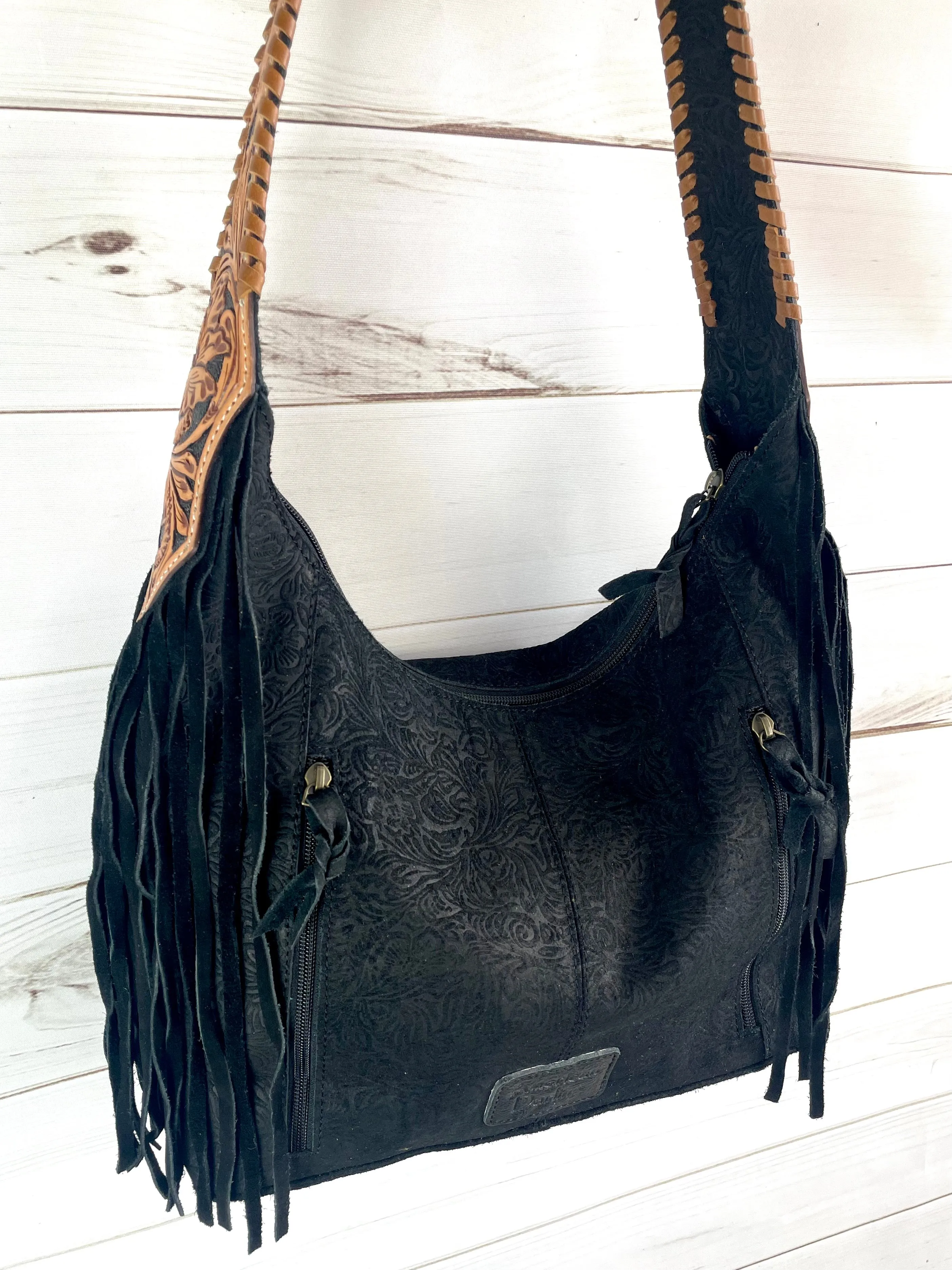 Black Canyon Suede Brocade Hobo Fringe Handbag