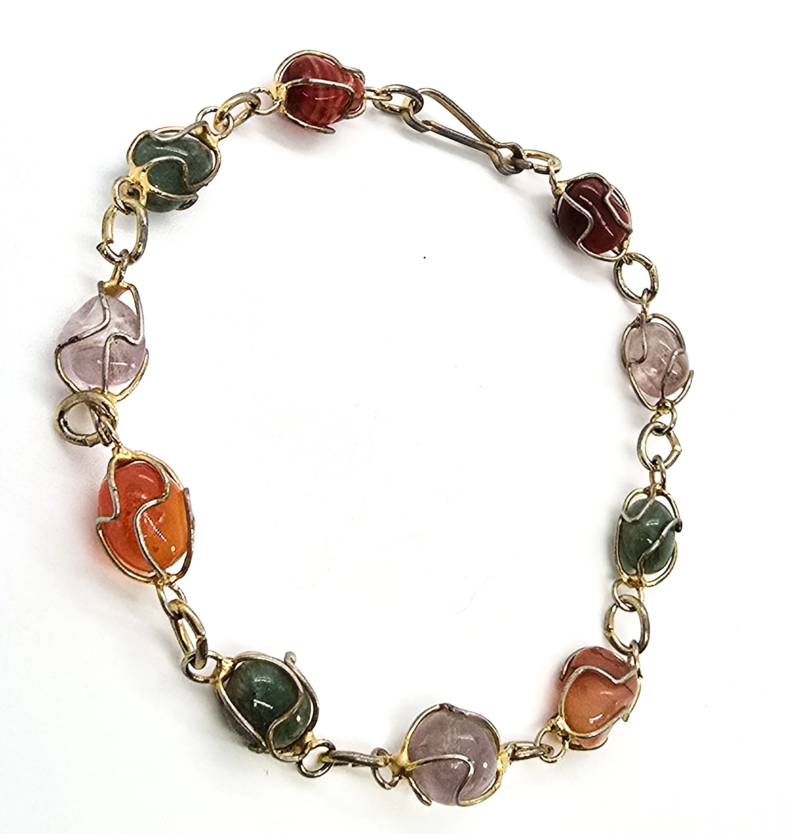 Boho multi gemstone amethyst carnelian and aventurine vintage cage bracelet