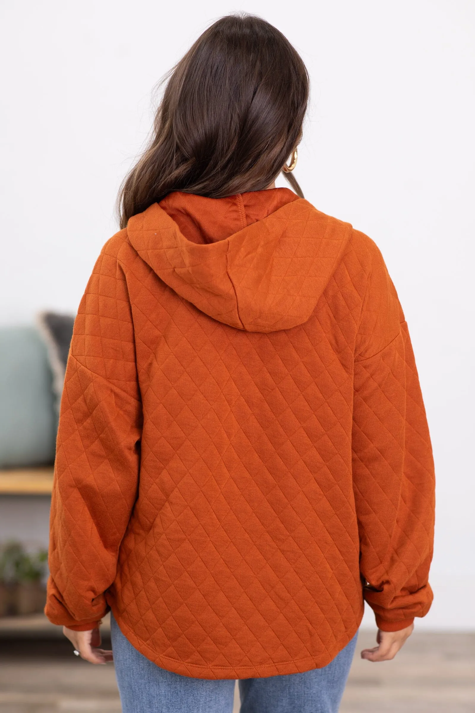 Burnt Orange Quilted Hooded 1/4 Snap Pullover