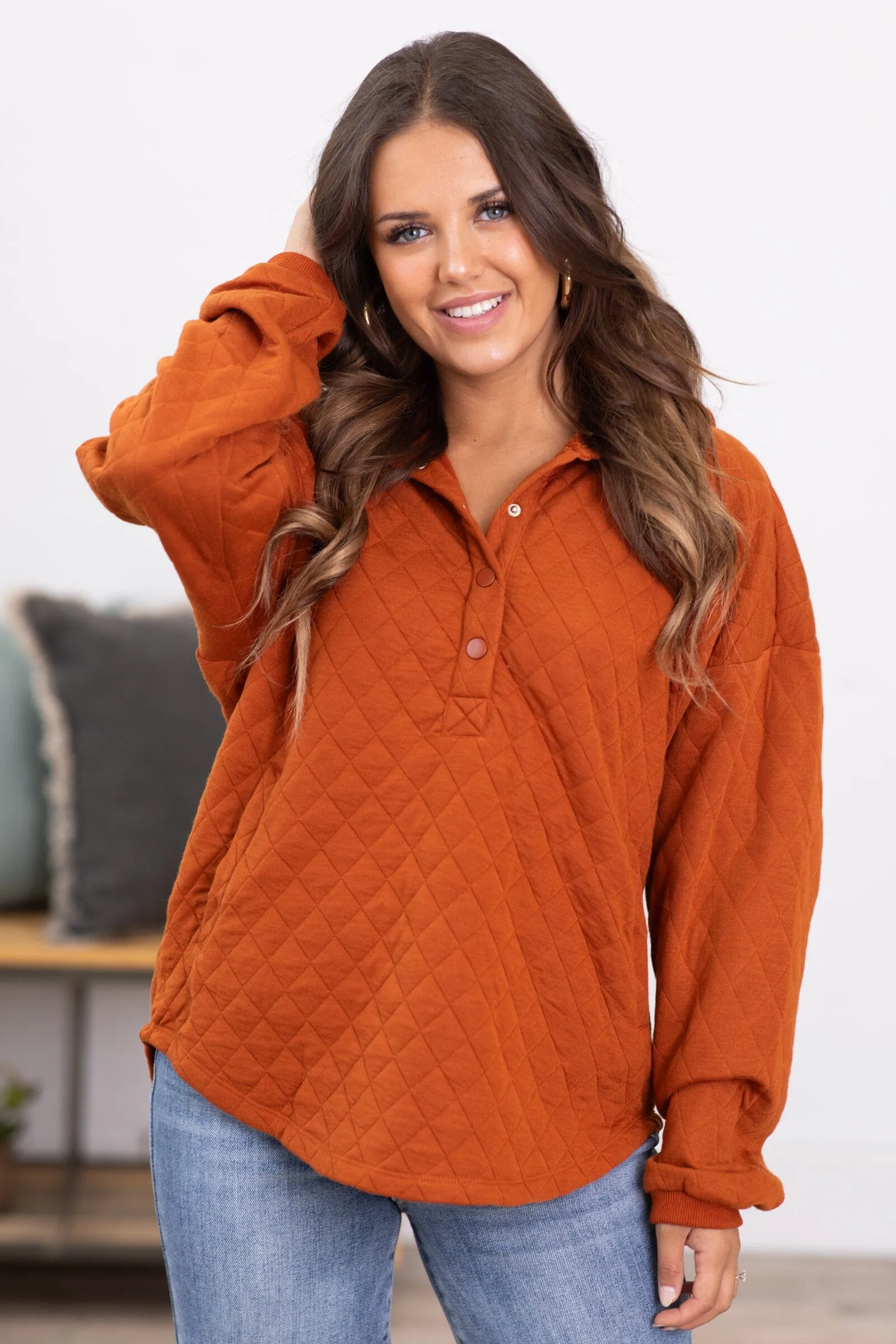 Burnt Orange Quilted Hooded 1/4 Snap Pullover