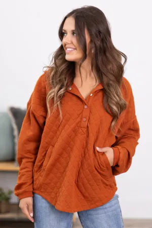 Burnt Orange Quilted Hooded 1/4 Snap Pullover
