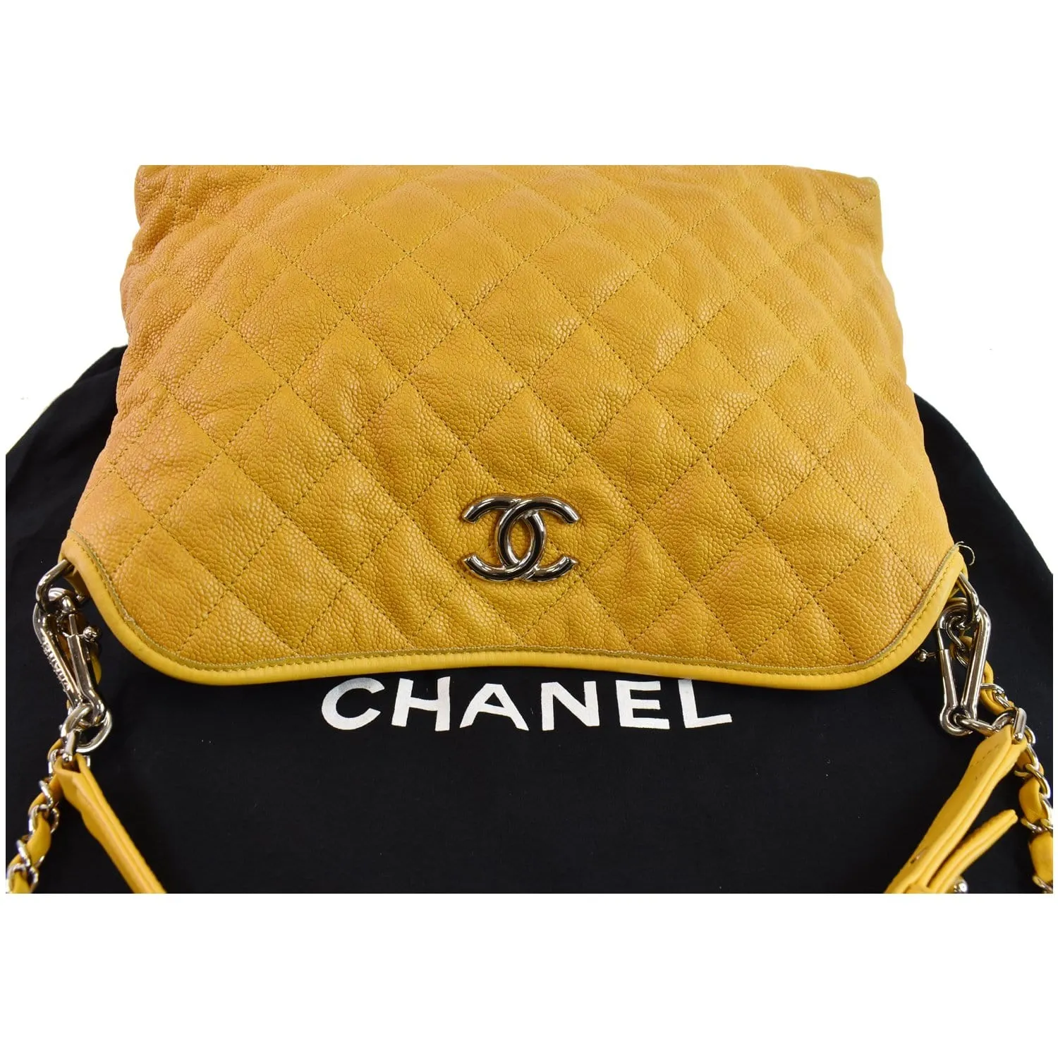 CHANEL French Riviera Quilted Caviar Leather Hobo Bag Yellow