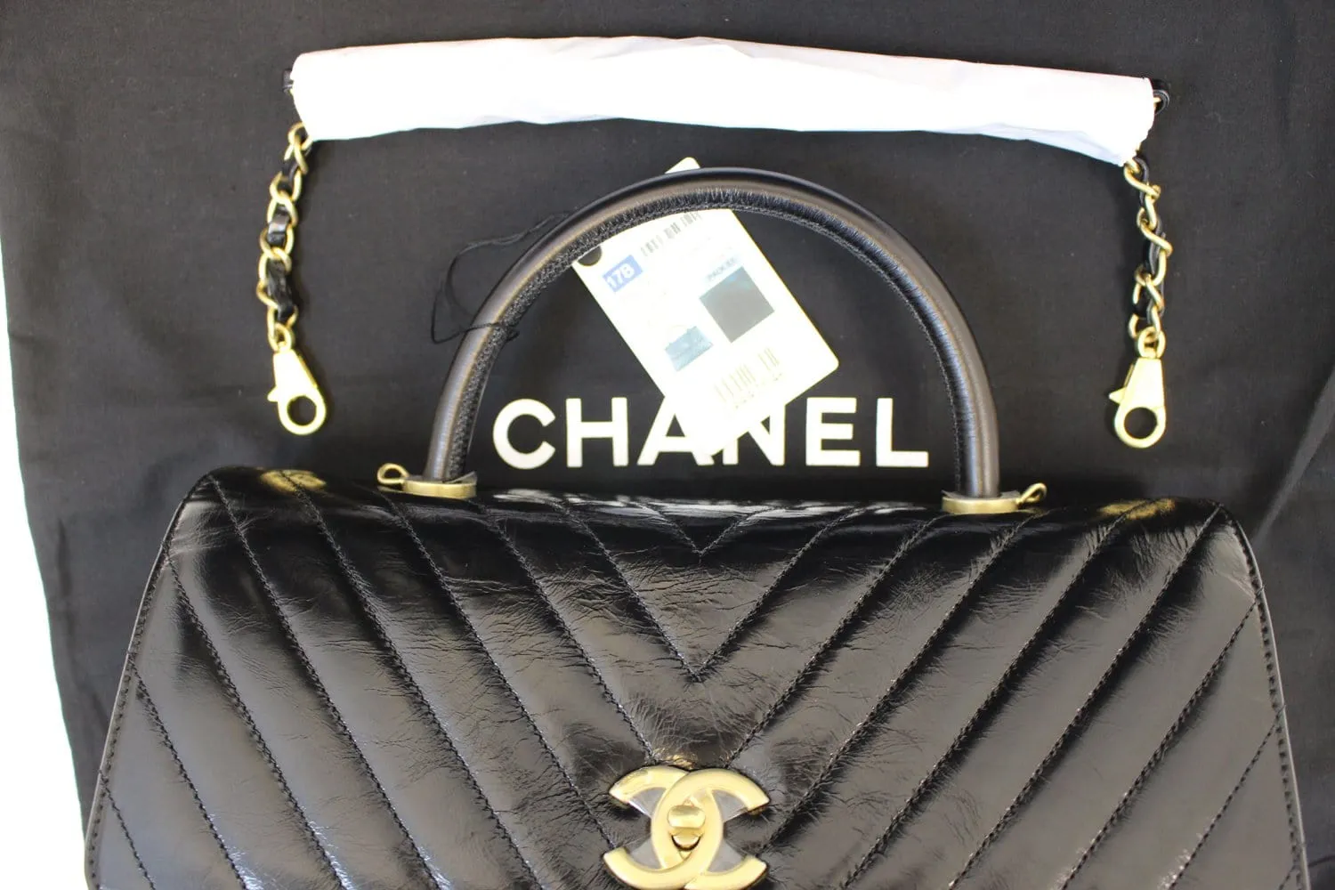 CHANEL Handle Bag Black Leather Quilted Lambskin Chevron Top