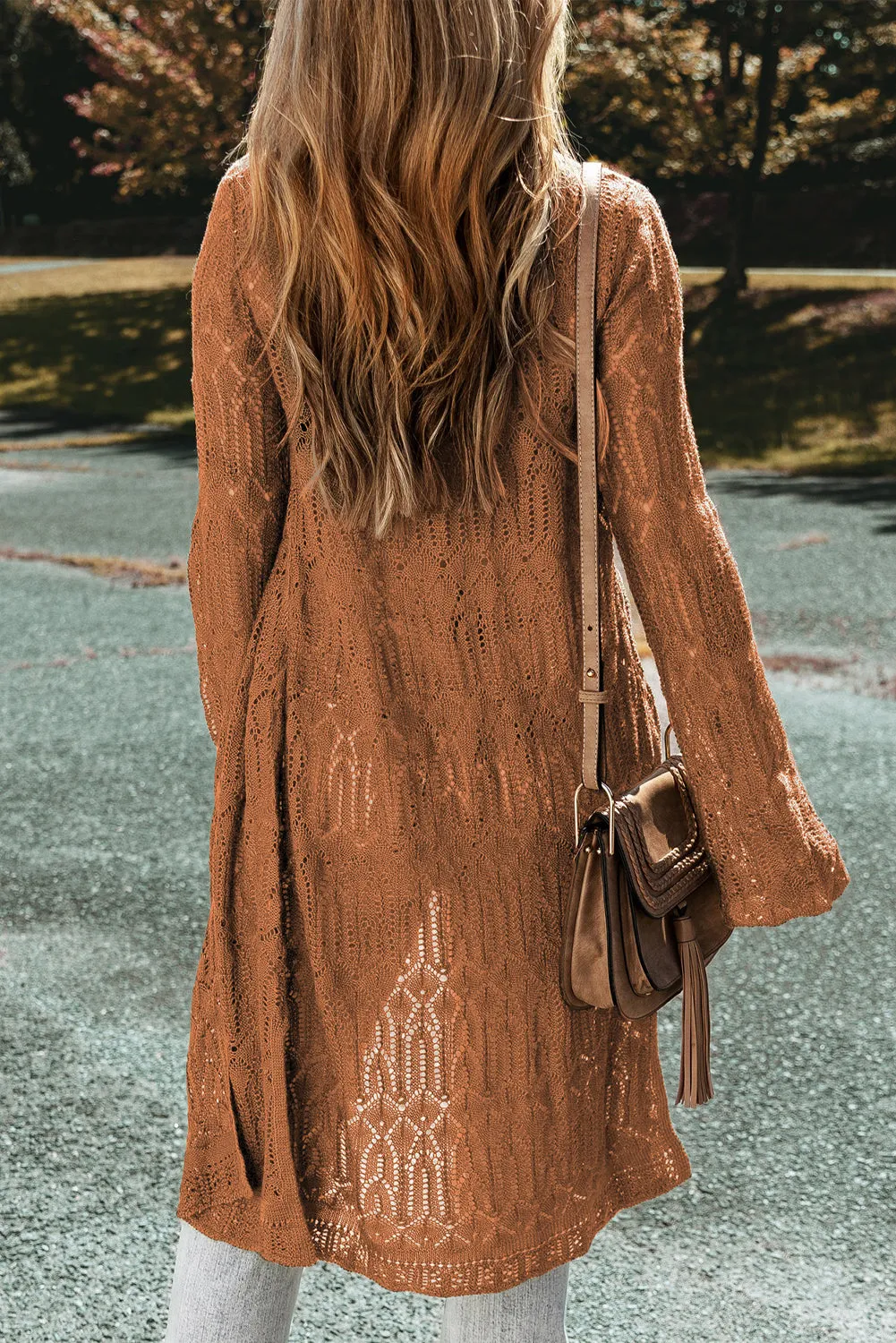 Chestnut Lightweight Textured Pattern Open Front Cardigan