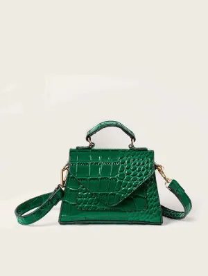 Croc Embossed Patent Satchel Bag - Dark green - FD ⚡