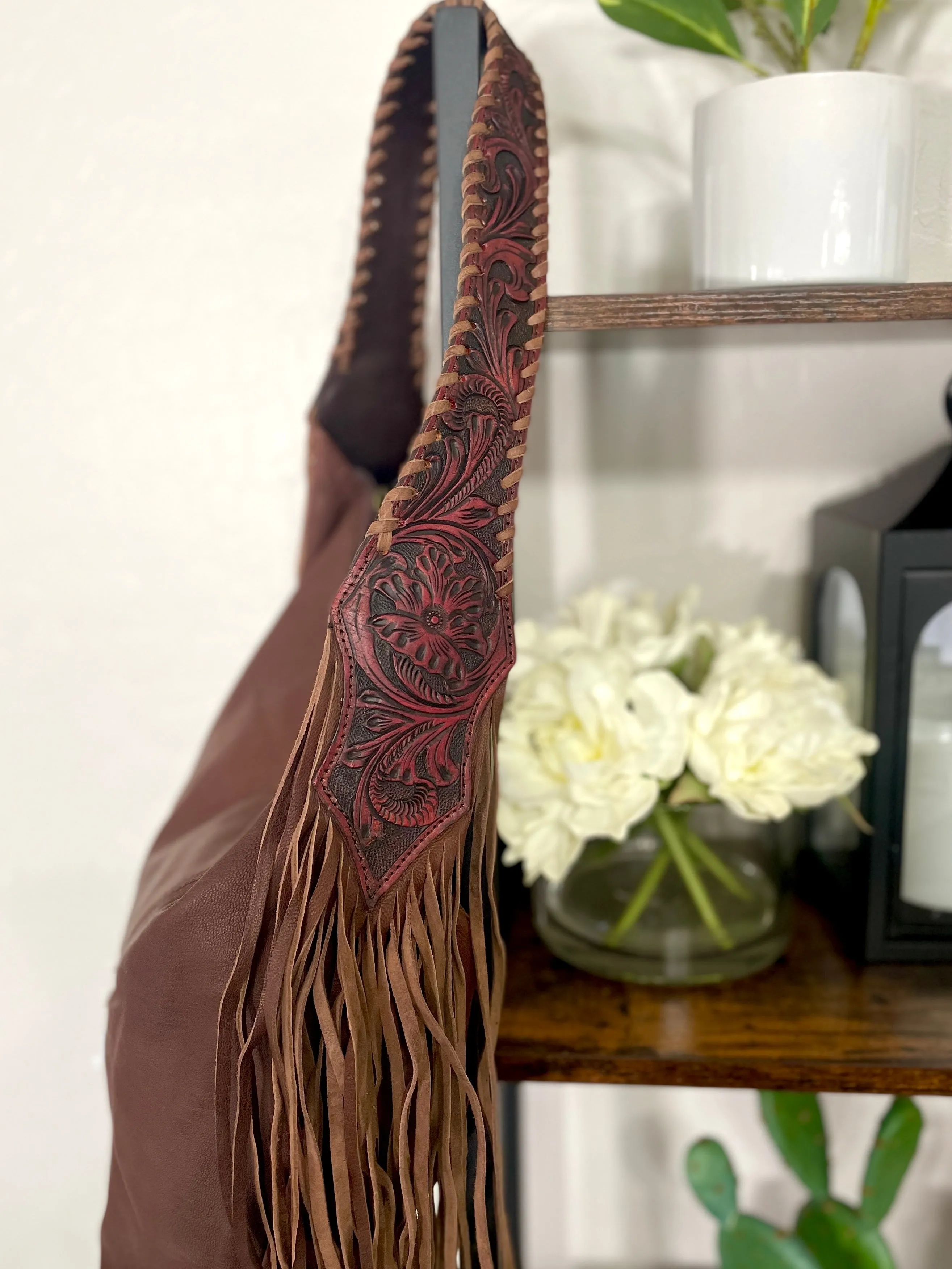Dark Distressed Leather Hobo Fringe Tooled Handbag