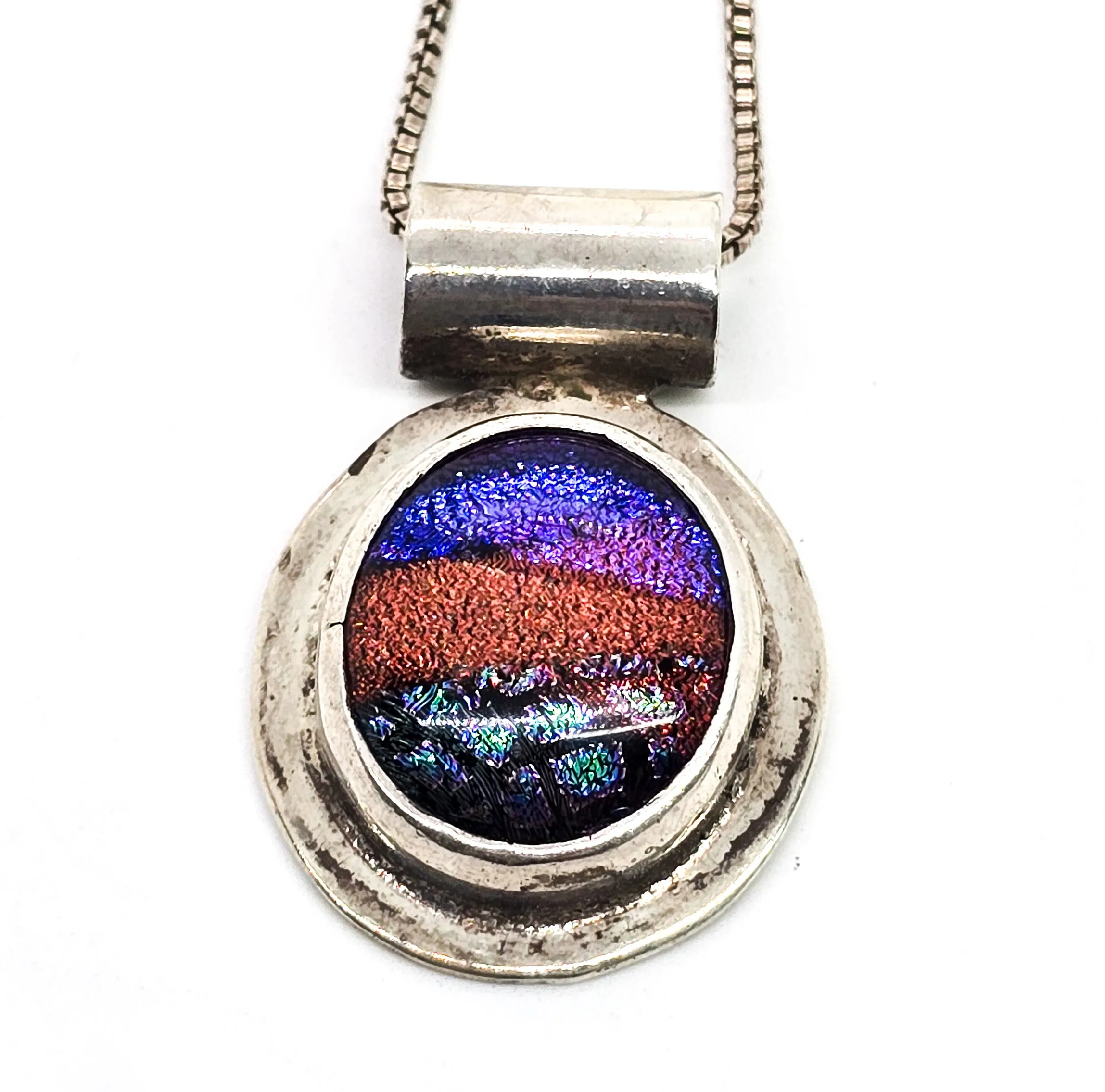 Dichroic glass fused handcrafted rainbow sterling silver vintage necklace
