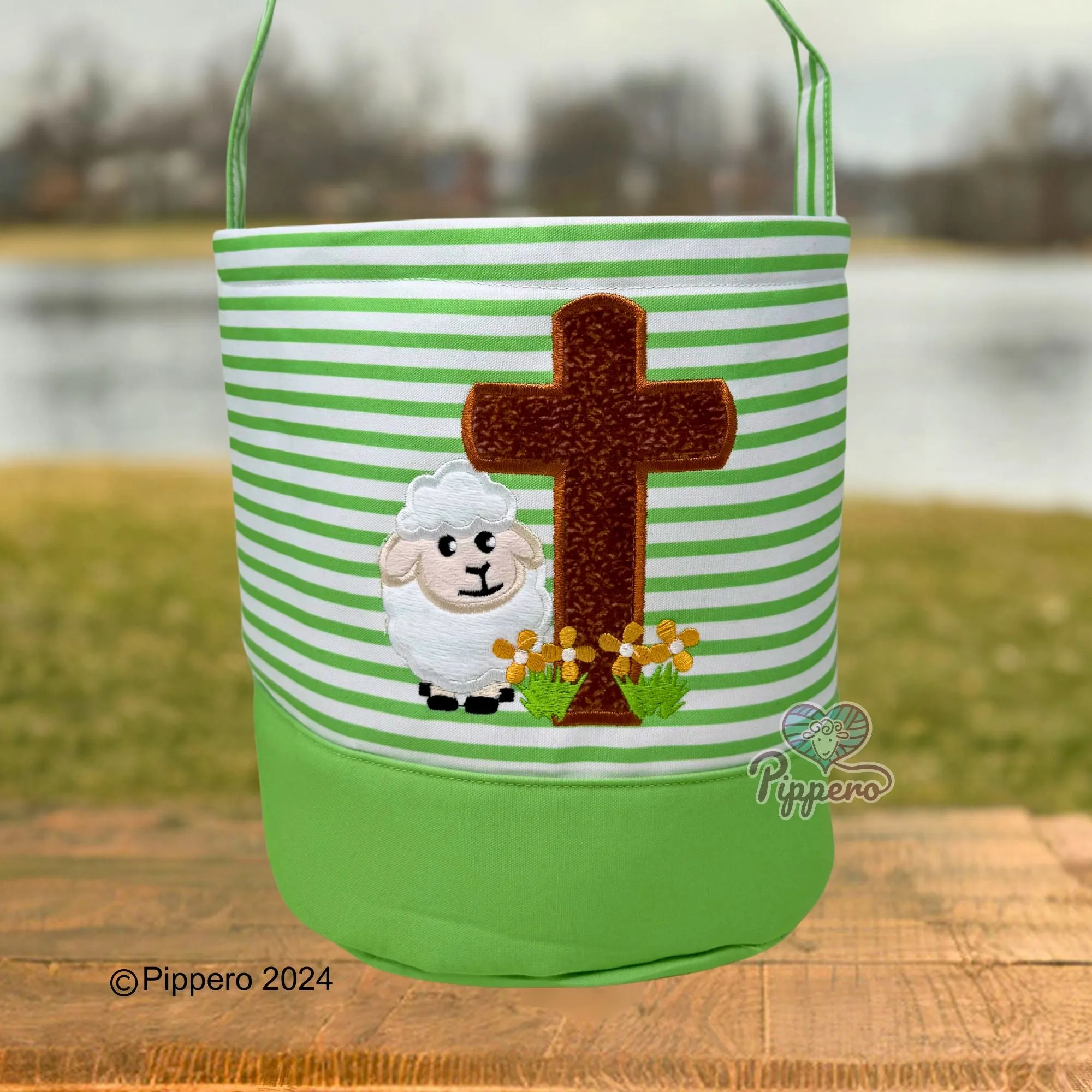 Easter Basket Bucket with Adorable Custom Pippero Design Bunny Cross Lamb Chick Egg Appliqué Characters Gift for Boy Gift for Girl