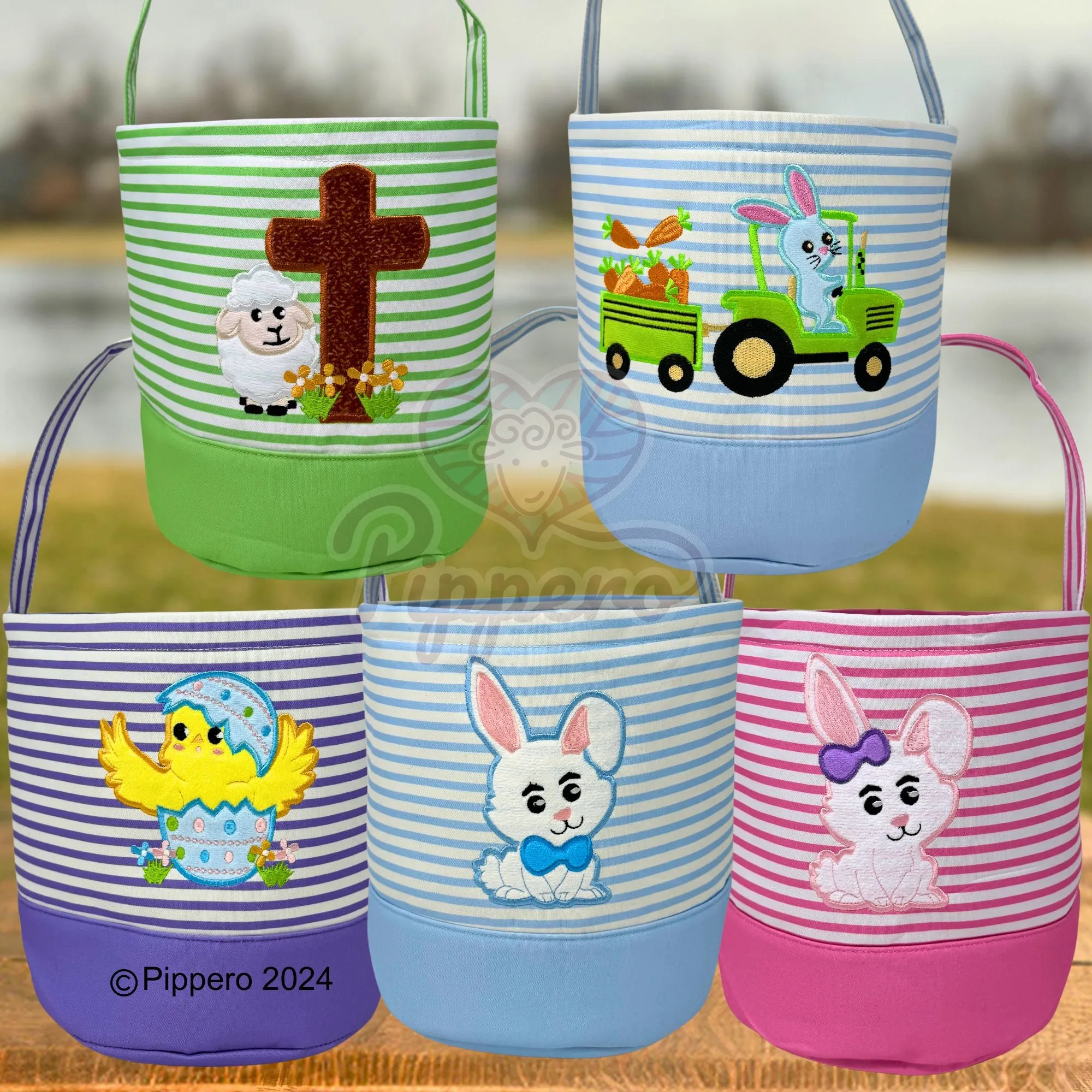 Easter Basket Bucket with Adorable Custom Pippero Design Bunny Cross Lamb Chick Egg Appliqué Characters Gift for Boy Gift for Girl