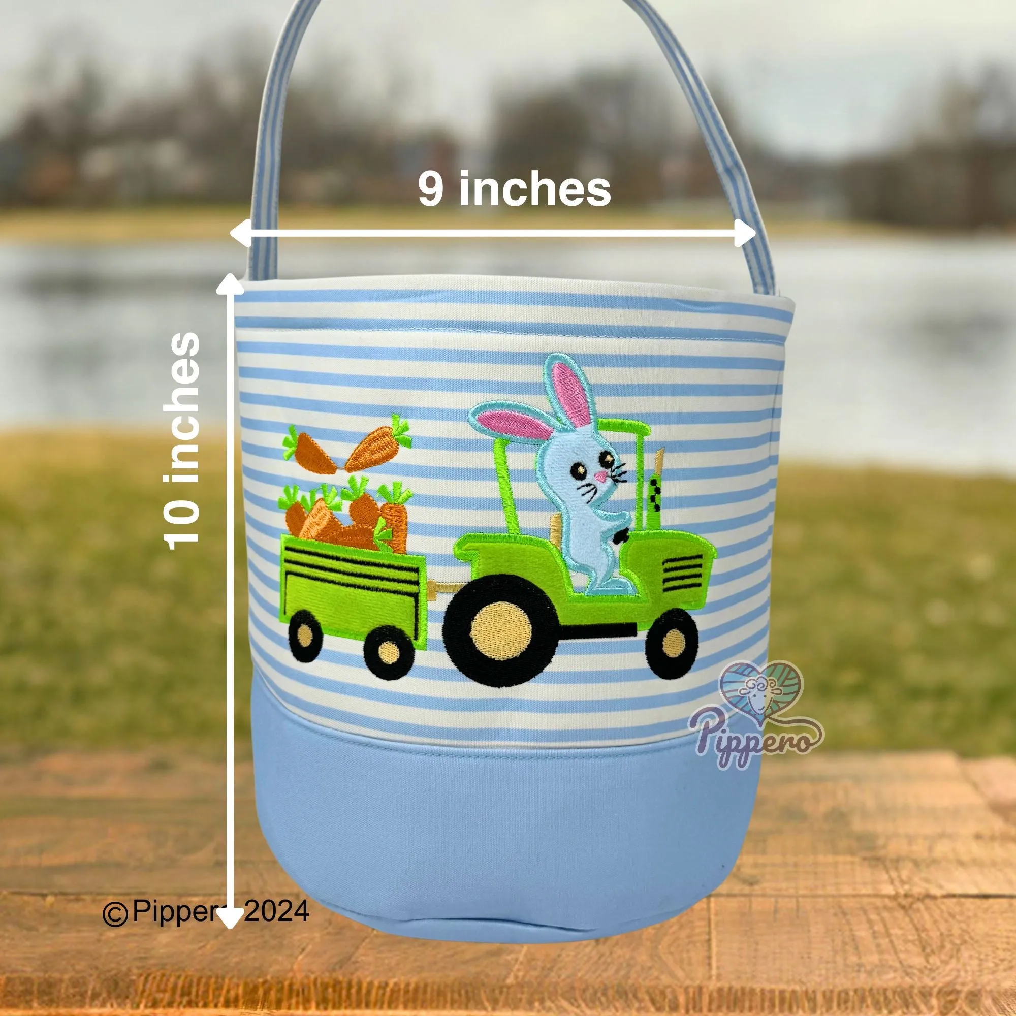 Easter Basket Bucket with Adorable Custom Pippero Design Bunny Cross Lamb Chick Egg Appliqué Characters Gift for Boy Gift for Girl