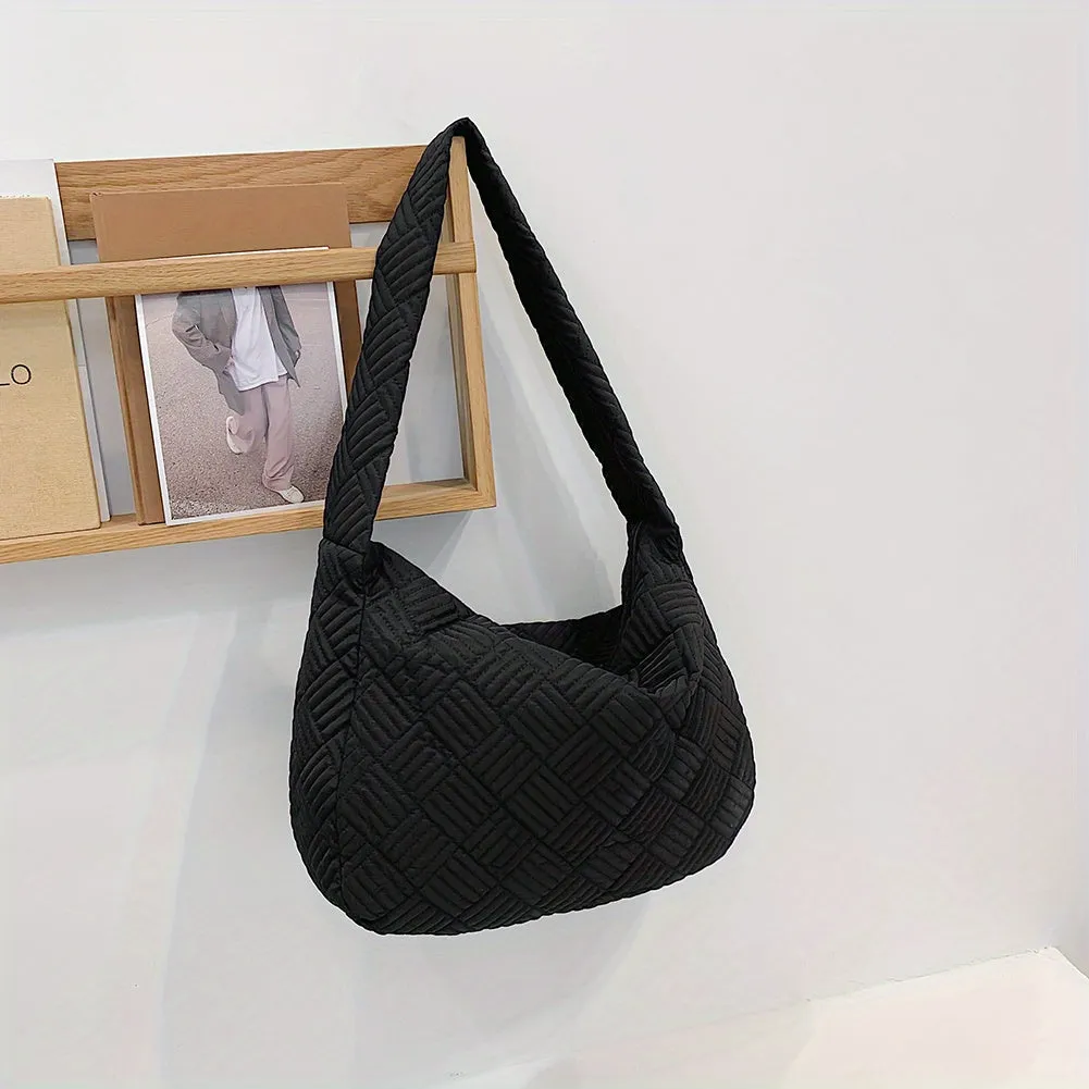 Fashion Quilted Crossbody Bag, Soft Large Capacity Hobo Bag, Casual Nylon Shoulder Bag