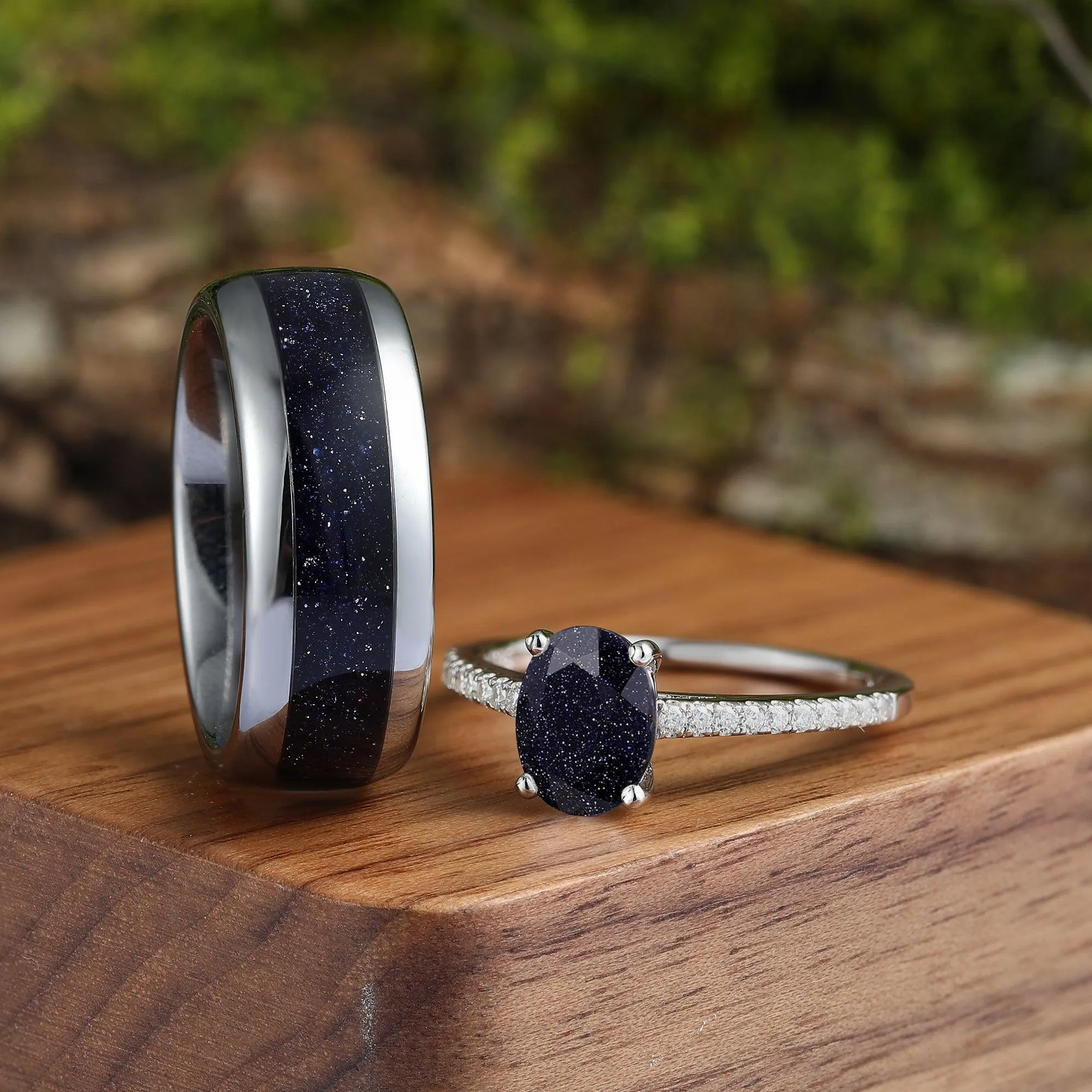 Galaxy Blue Sandstone His and Hers Couples Ring Set Great Rift Nebula Wedding Band Oval Cut 925 Sliver