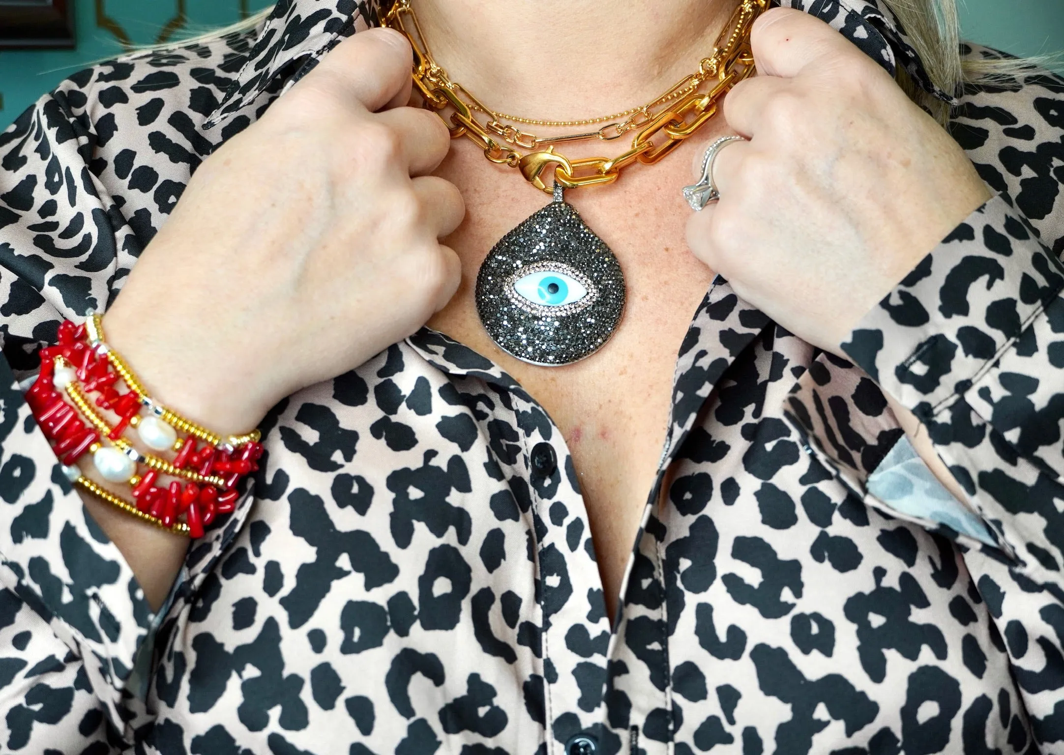 Gold Plated Chain Link Necklace it has a Mother of Pearl Pendant Embellished with Pave Crystals and an Evil Eye 310-21 |Erika Williner Designs
