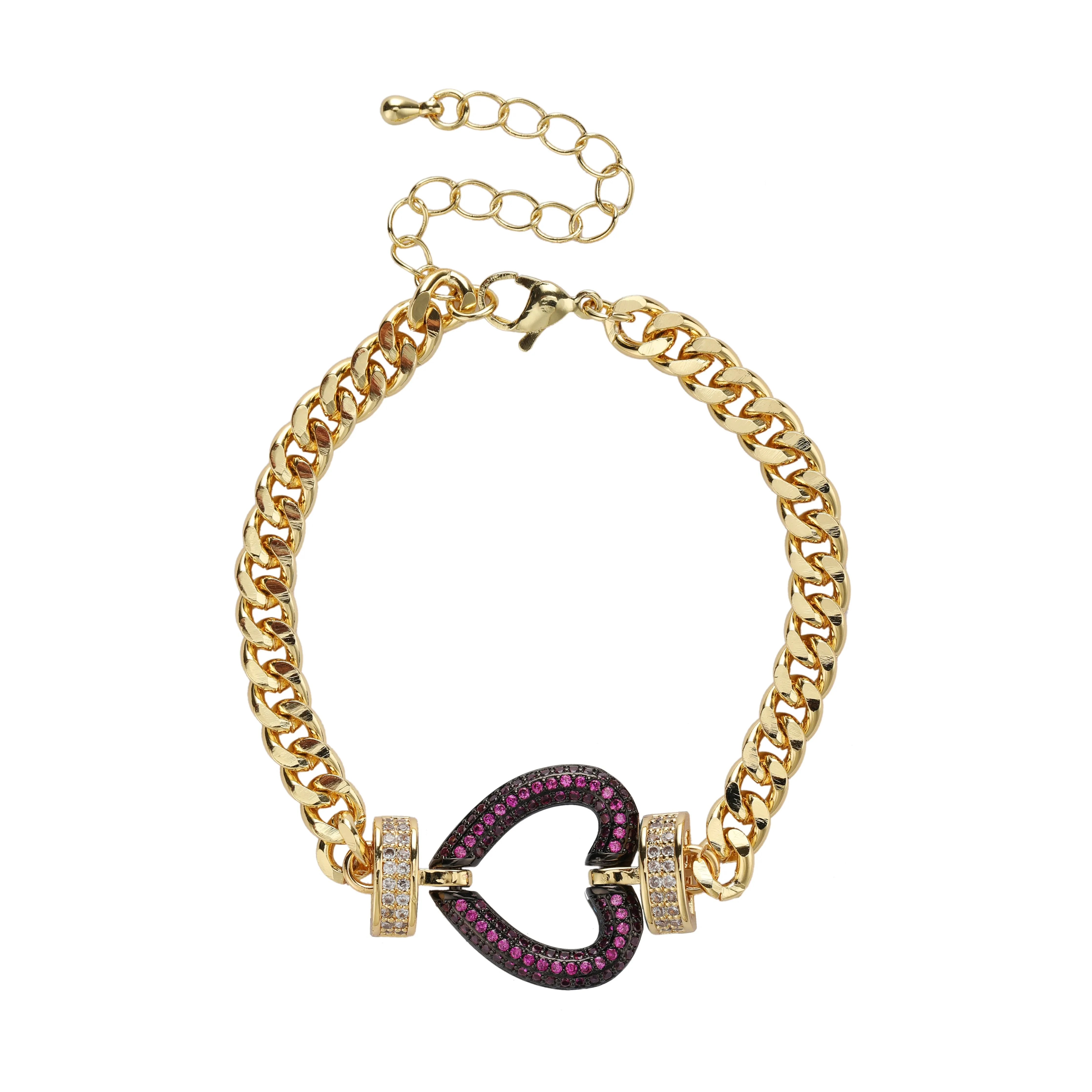 Gold Plated Trendy Cuban, Curb Link Micro Pave Heart Bracelet