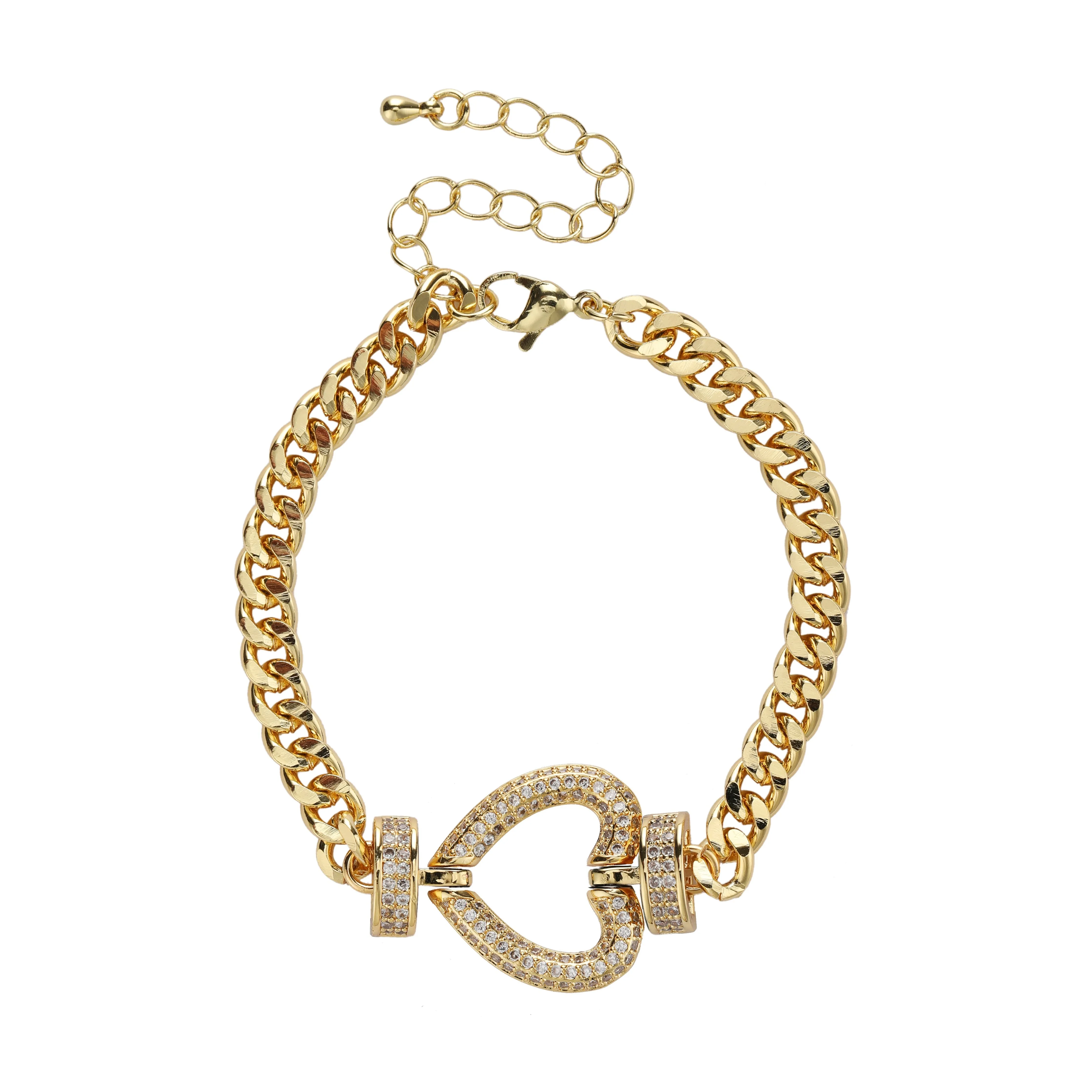 Gold Plated Trendy Cuban, Curb Link Micro Pave Heart Bracelet