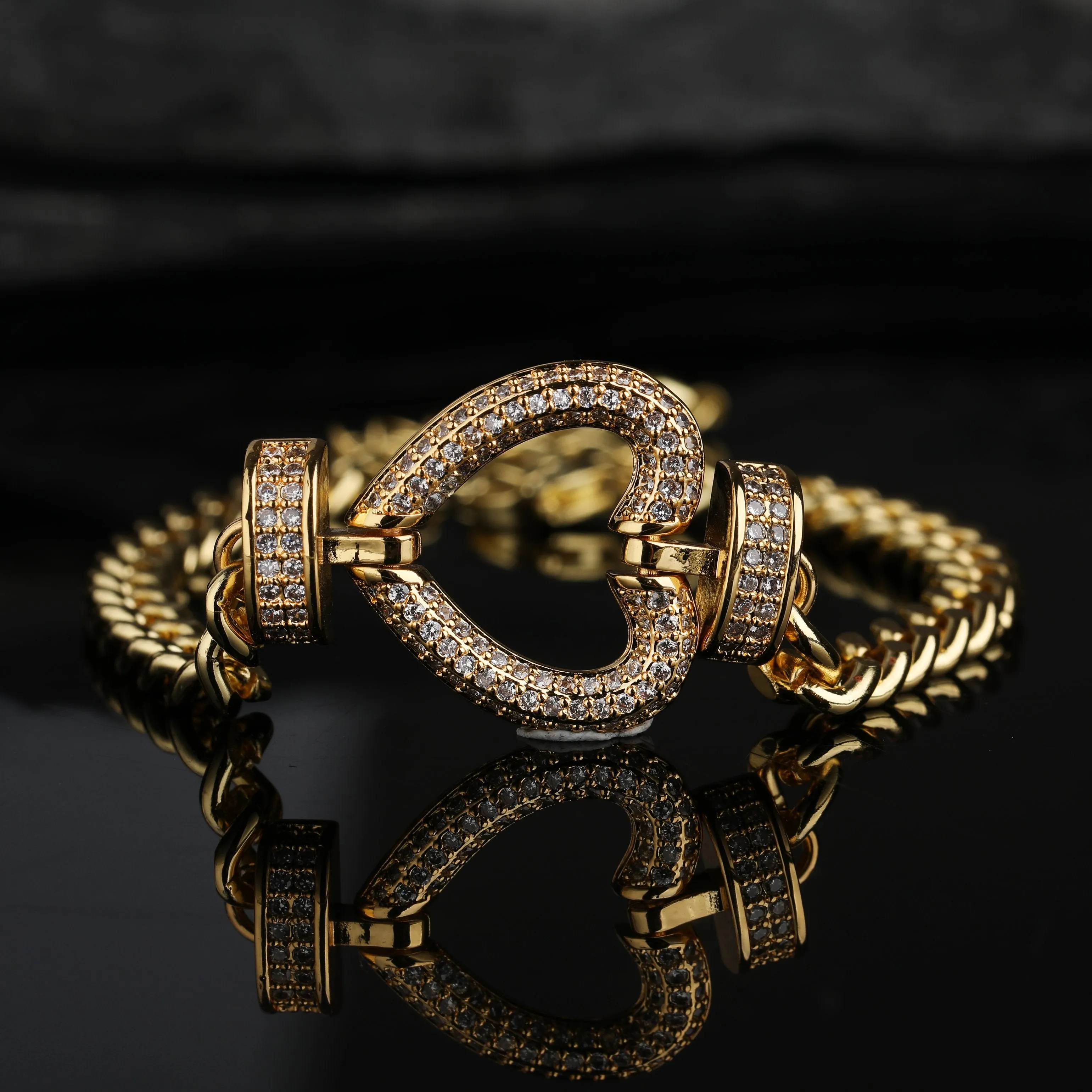 Gold Plated Trendy Cuban, Curb Link Micro Pave Heart Bracelet
