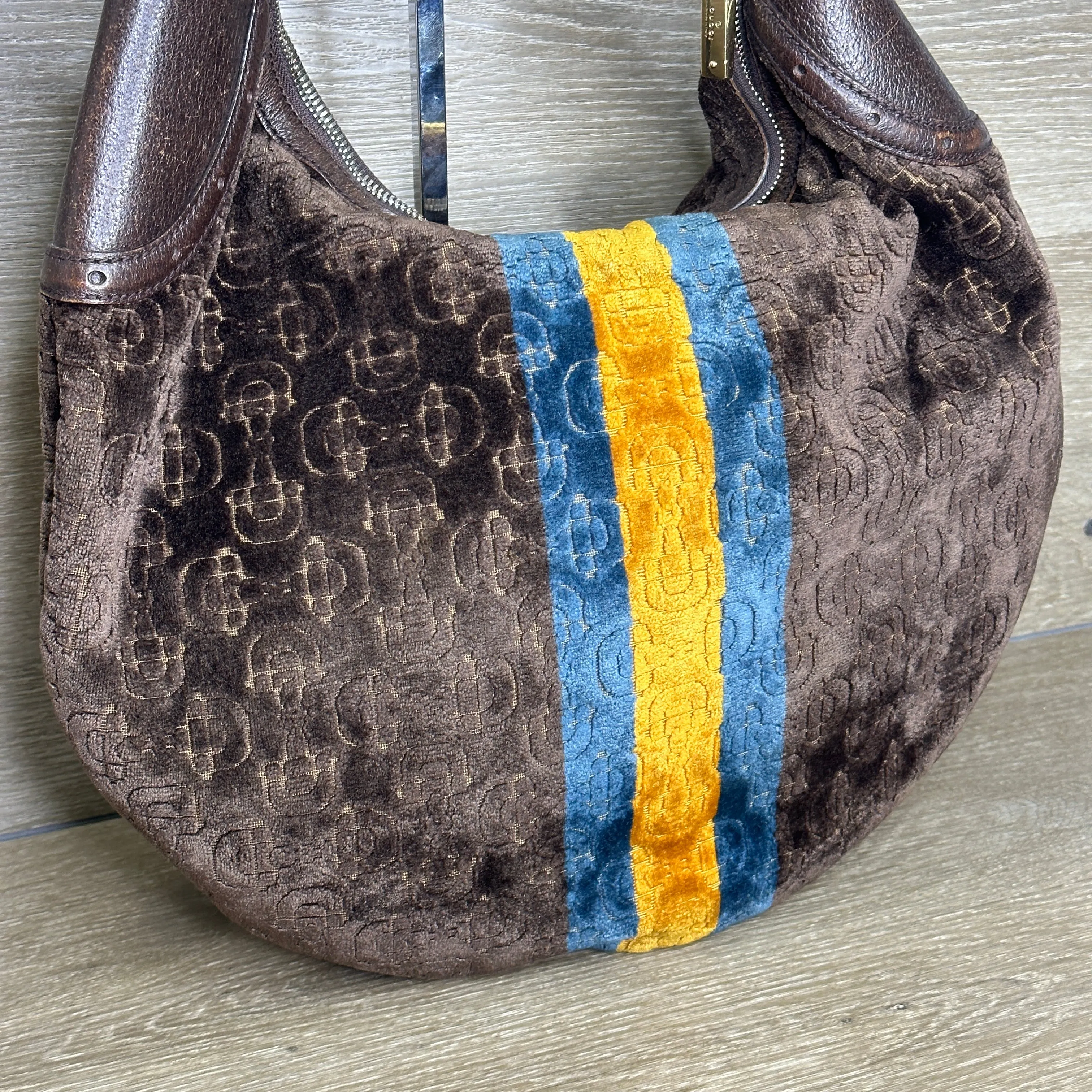 Gucci Vintage Horsebit Striped Velour Glam Hobo Bag