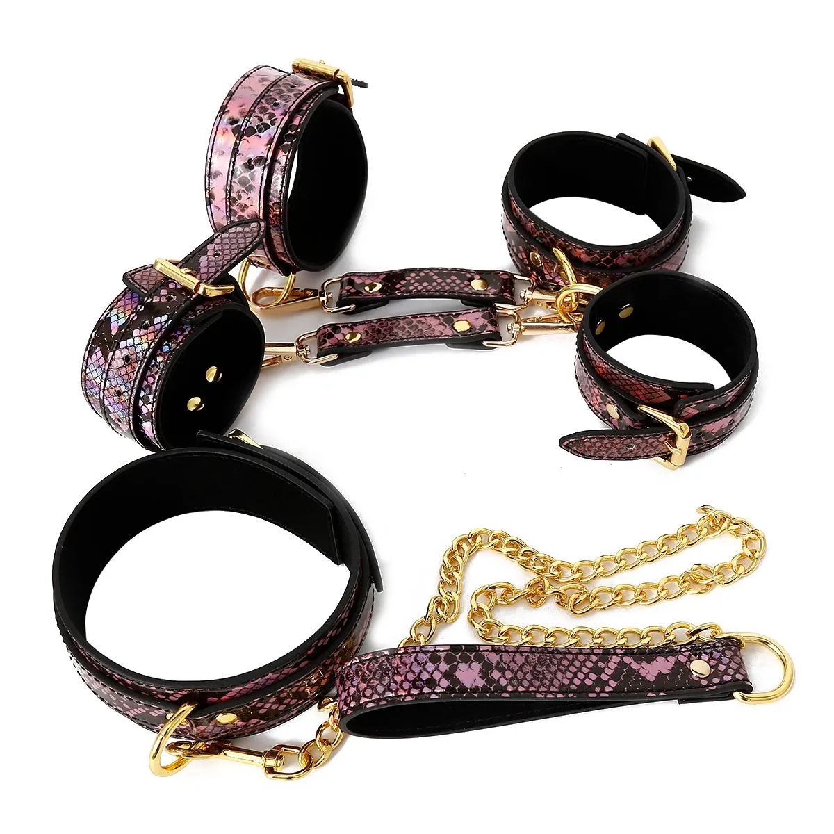 Kiotos Leather - BDSM Set 3-delig Met Reptielenprint - Goud/Roze