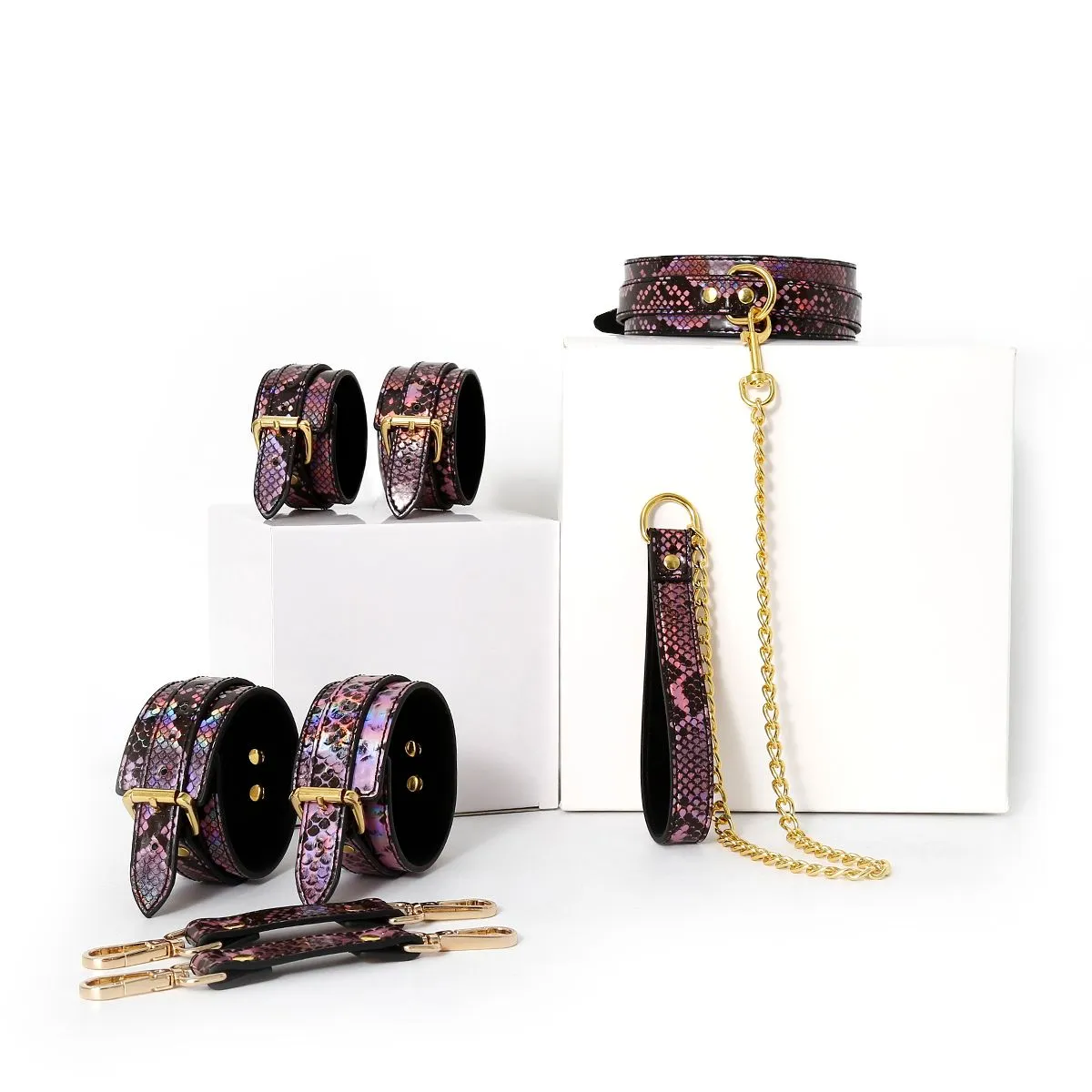Kiotos Leather - BDSM Set 3-delig Met Reptielenprint - Goud/Roze