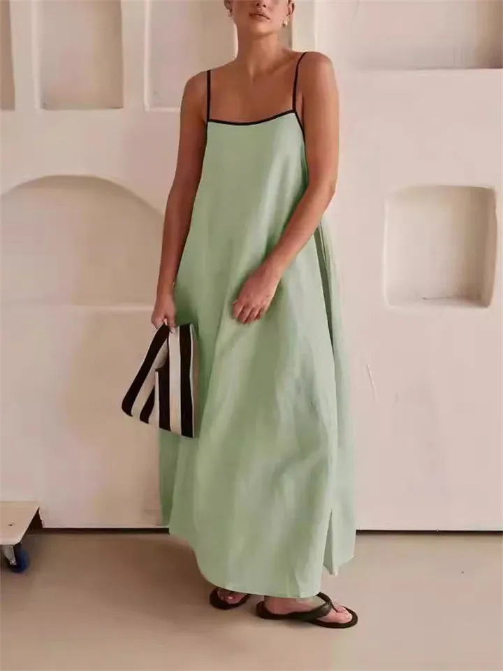 Ladies Contrast Color Lace-Up Spaghetti Strap Summer Dress