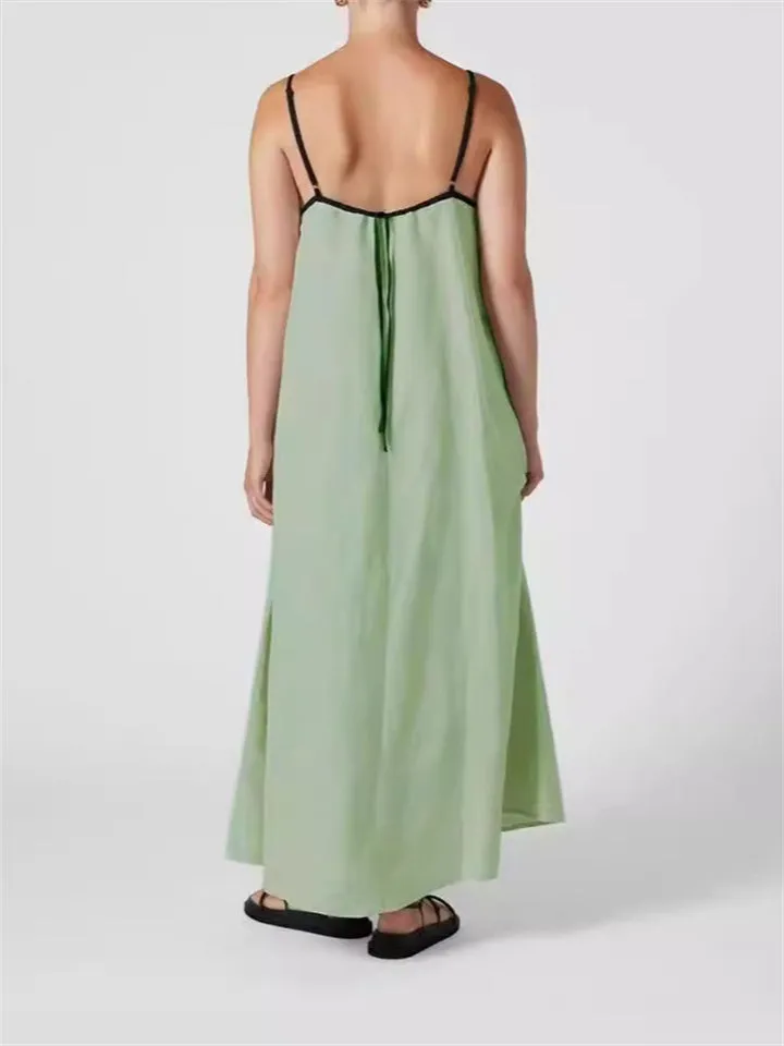 Ladies Contrast Color Lace-Up Spaghetti Strap Summer Dress