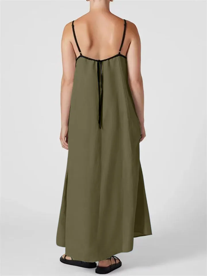 Ladies Contrast Color Lace-Up Spaghetti Strap Summer Dress