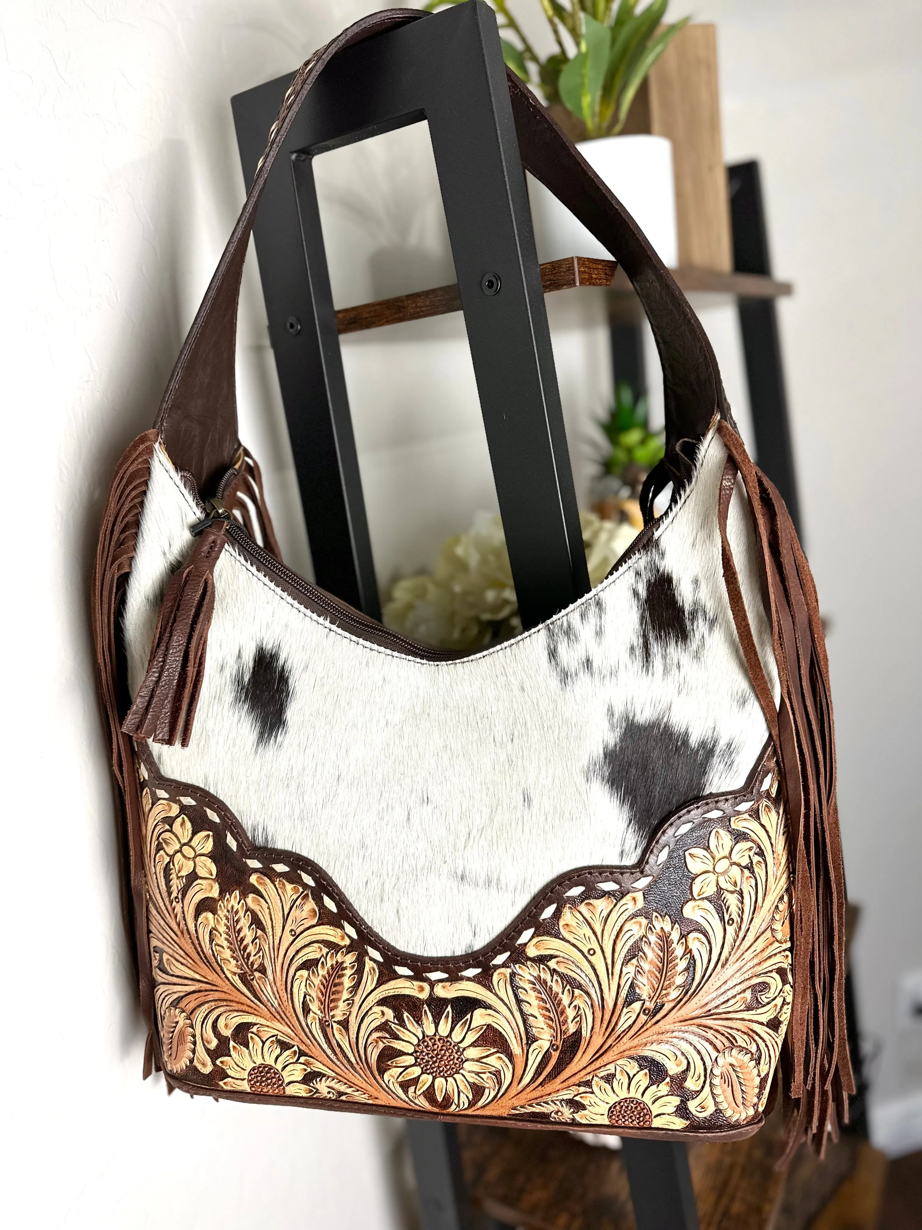 Light and Dark Leather Floral Tooled Cowhide Hobo Handbag