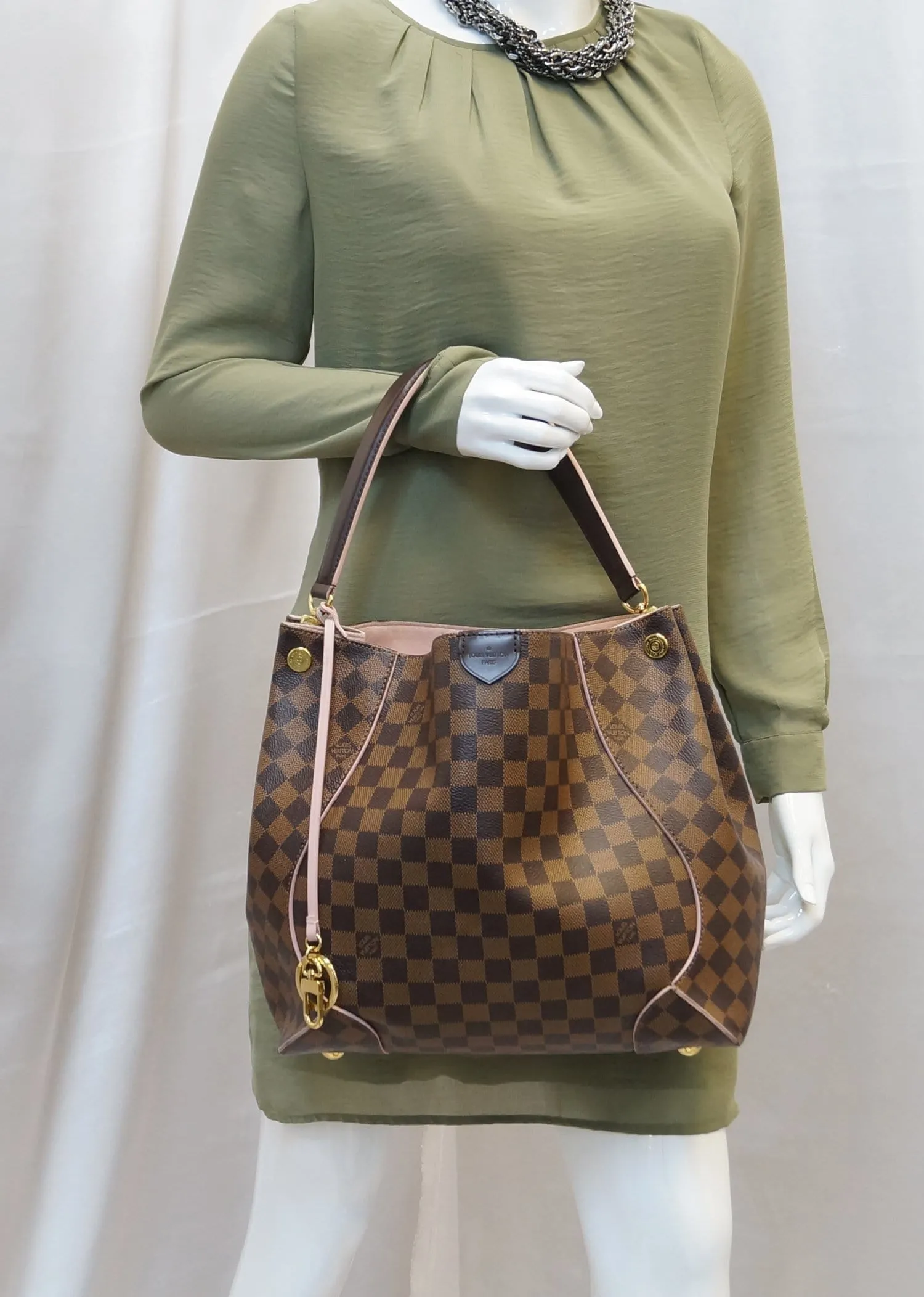 LOUIS VUITTON Caissa Damier Ebene Hobo Bag Rose Ballerine