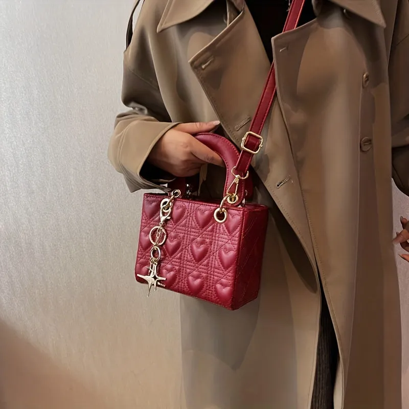 Mini Heart Quilted Crossbody Bag, Fashion Top Handle Satchel, Women's Trendy Handbag, Shoulder Bag & Tote Purse