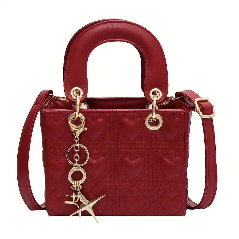 Mini Heart Quilted Crossbody Bag, Fashion Top Handle Satchel, Women's Trendy Handbag, Shoulder Bag & Tote Purse