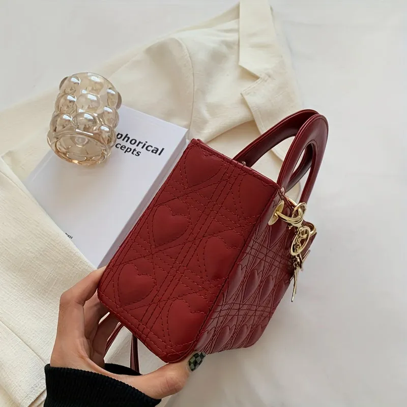 Mini Heart Quilted Crossbody Bag, Fashion Top Handle Satchel, Women's Trendy Handbag, Shoulder Bag & Tote Purse