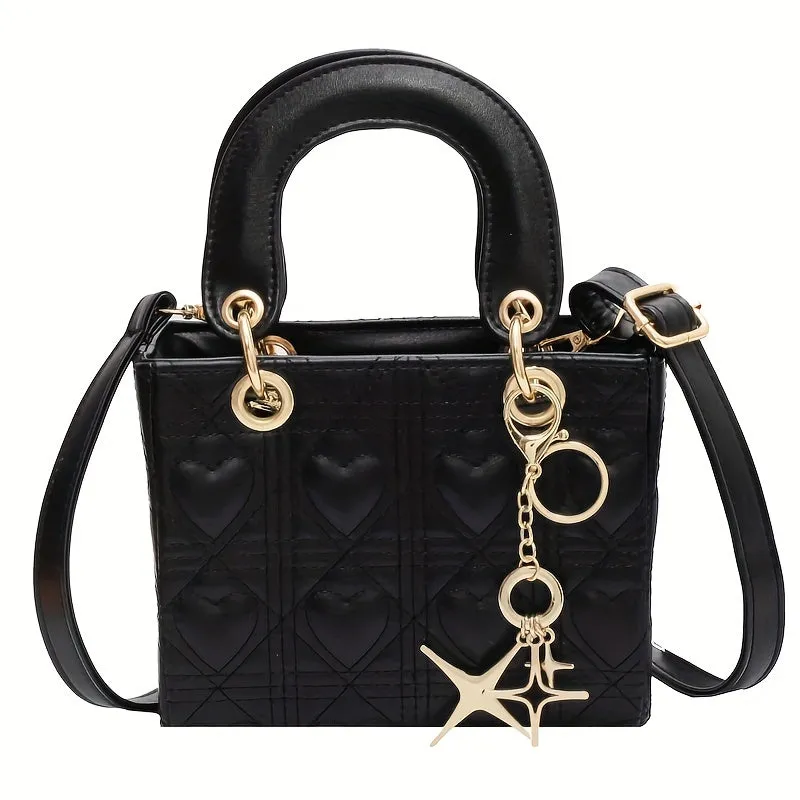 Mini Heart Quilted Crossbody Bag, Fashion Top Handle Satchel, Women's Trendy Handbag, Shoulder Bag & Tote Purse