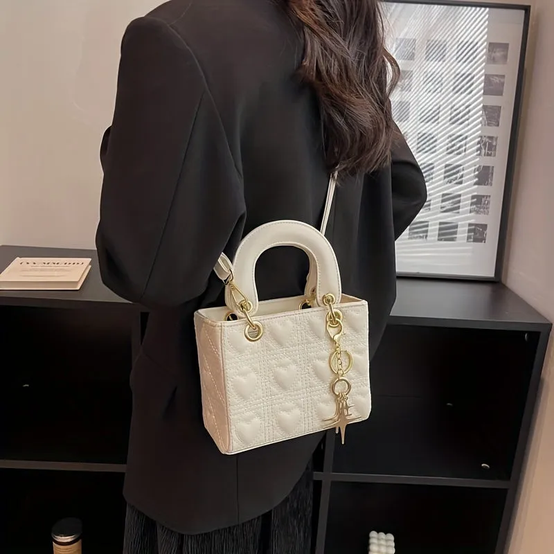 Mini Heart Quilted Crossbody Bag, Fashion Top Handle Satchel, Women's Trendy Handbag, Shoulder Bag & Tote Purse