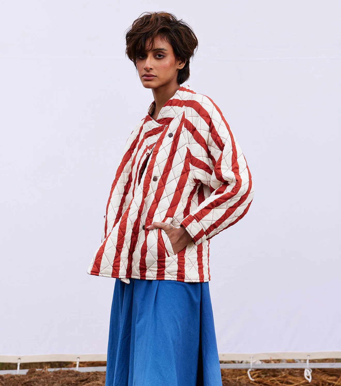 New Season Spring Summer 2025-Jacket-Cotton Mul Carmine Brick red & off white-KW904-Fashion Edit Diana by Khara Kapas