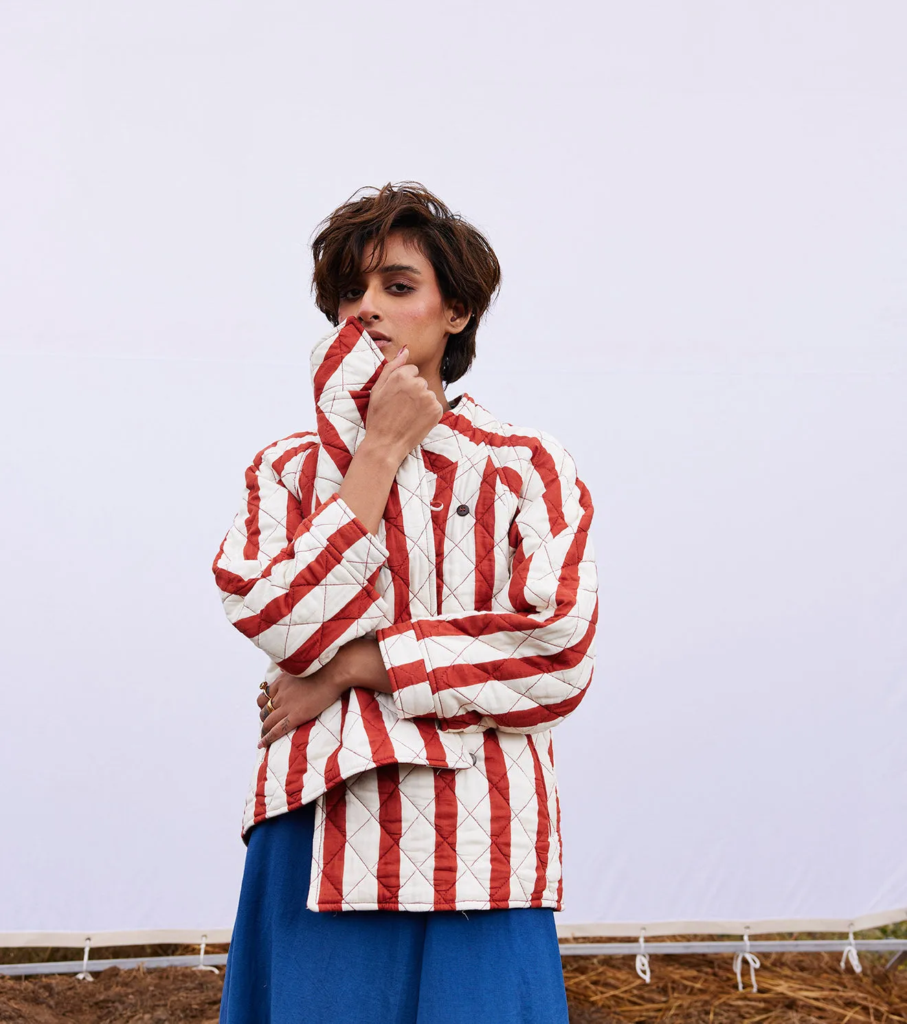 New Season Spring Summer 2025-Jacket-Cotton Mul Carmine Brick red & off white-KW904-Fashion Edit Diana by Khara Kapas