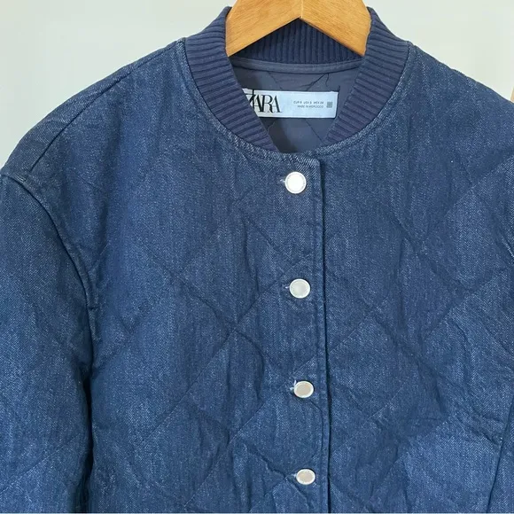 NWT Zara Quilted Denim Bomber Jacket in Dark Wash - S