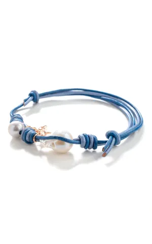 Ombre Blue Sky Baroque Pearl Gold Star and Chain Leather Anklet