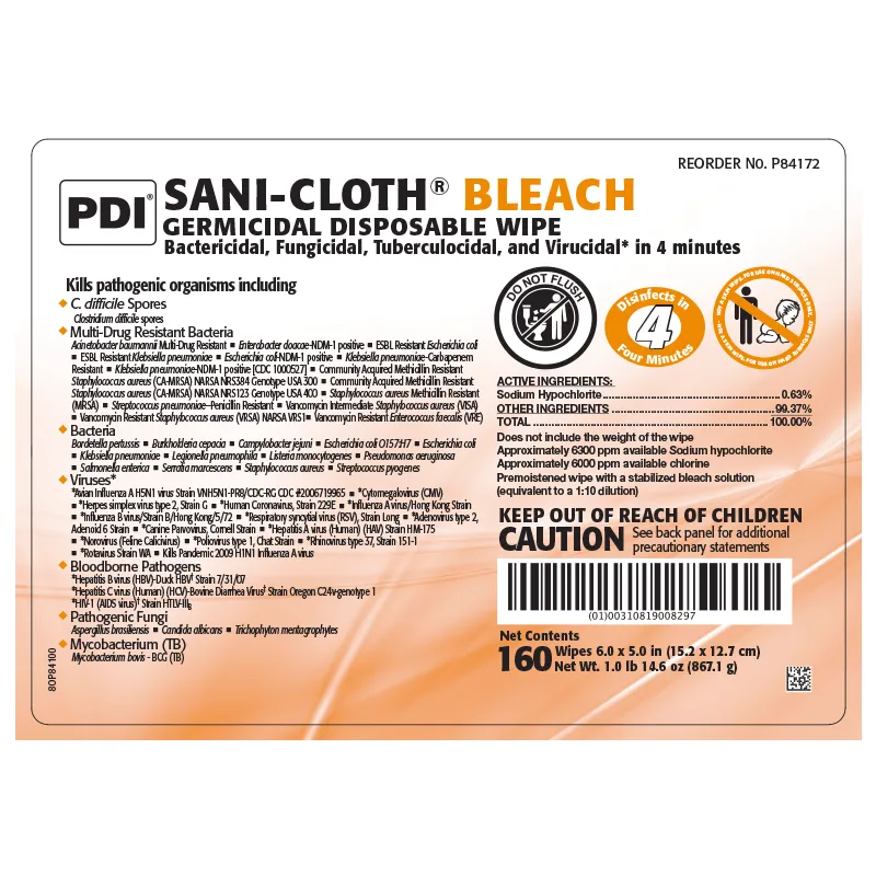 PDI P25784 Bleach Disinfectant Wipes, X-Large, Case, 6 Canisters, 390 Wipes, 7.5" x 15", Canister