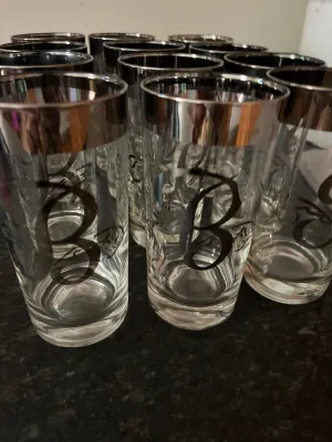 Platinum Rimmed Highball Glasses- Monogrammed Letter B - set of 12
