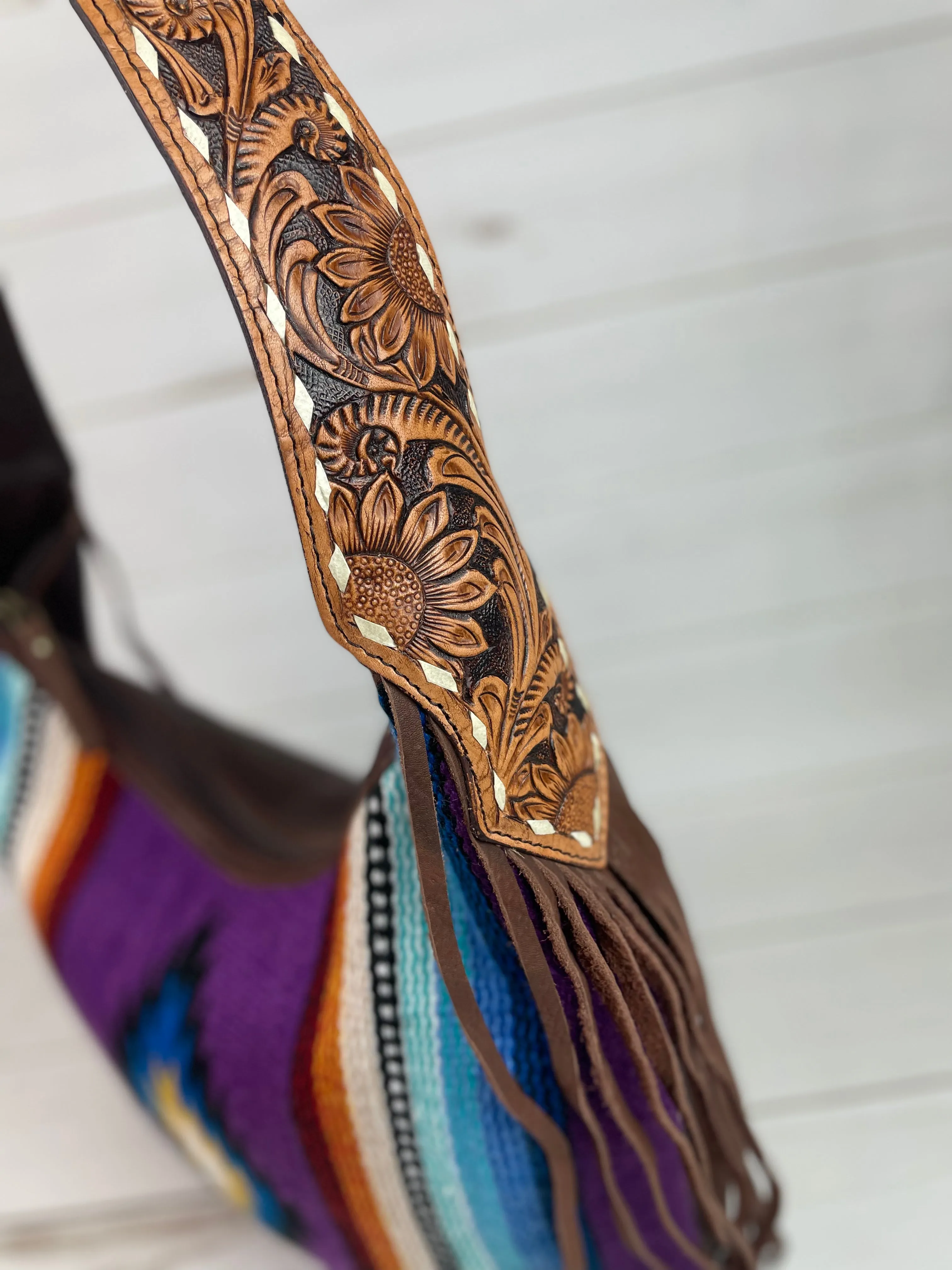 Purple & Blue Wool Pattern Hobo Leather Fringe Handbag