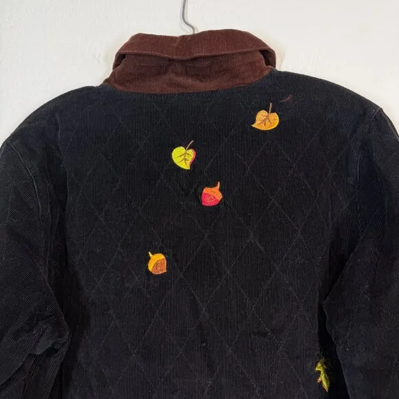 Quacker Factory Jacket Embroidered Fall Pumpkins Quilted Corduroy Black Medium